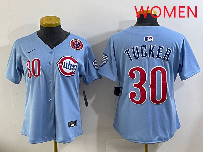 Women 2025 Chicago Cubs #30 Tucker Light Blue Throwback Game Nike MLB Jersey style 1
